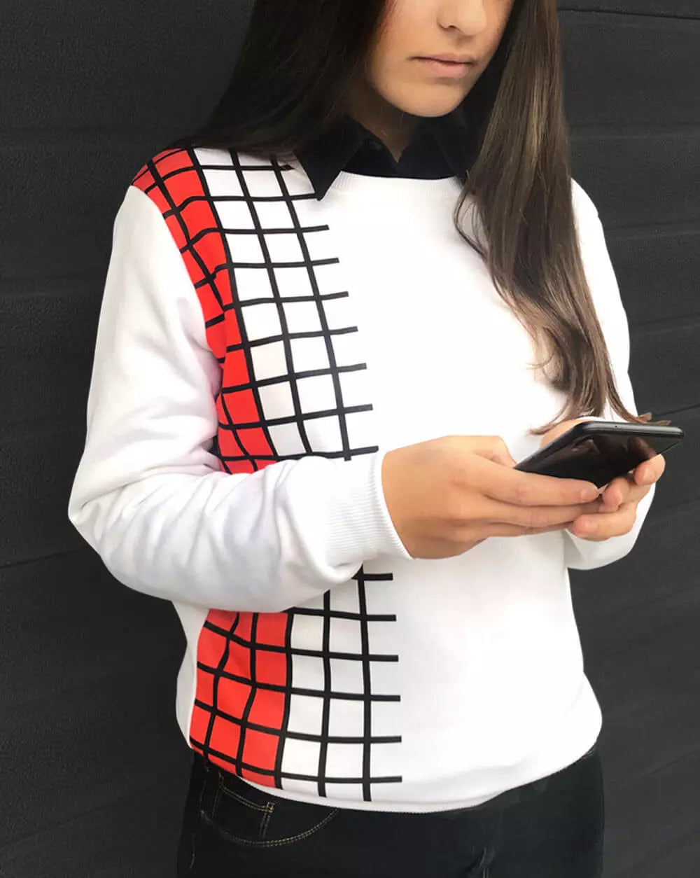 Forever is Boring Seeds RD Carded Sweater with a checkered pattern stripe and part of the squares in red
