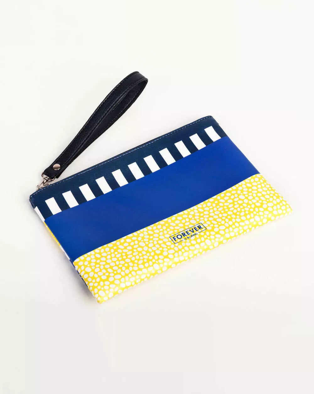 Forever is Boring Hop Pebbles YL Clutch front with three stripes, one in dark blue with horizontal white rectangles, one light blue and one yellow with white dots and with Forever is Boring logo.