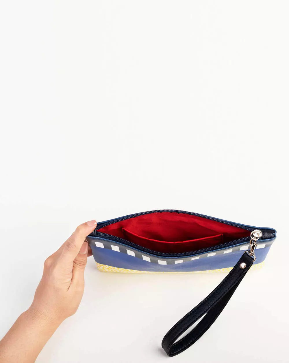 Forever is Boring Hop Pebbles YL Clutch with details from inside, wild red lining and one inner pocket.