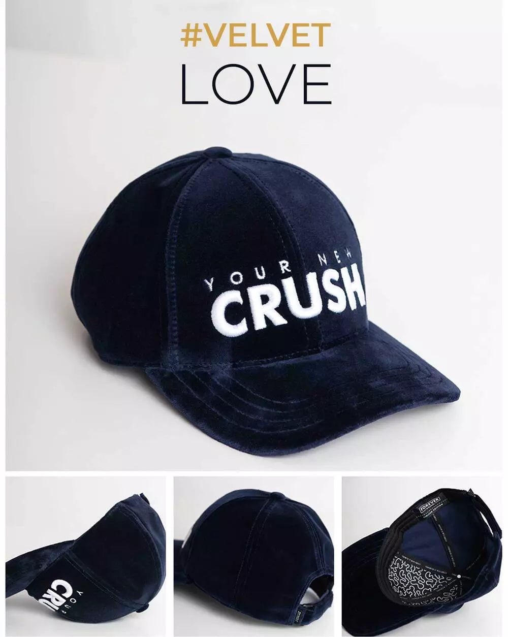 Forever is Boring Crush Blue Velvet Cap with "YOUR NEW CRUSH" embroidery in white on the front