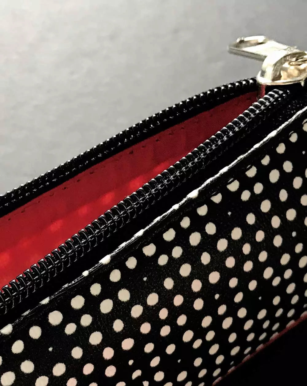 Pencil Case Forever is Boring DOTS. Black and white design with wild red lining